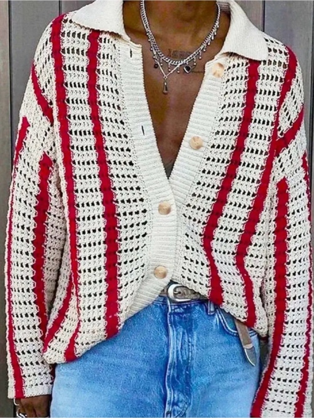 Zara Cream and Red Open Knit Cardigan